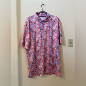 Bermuda Sands Men’s Polo Shirt Large Coral Floral UPF 50+